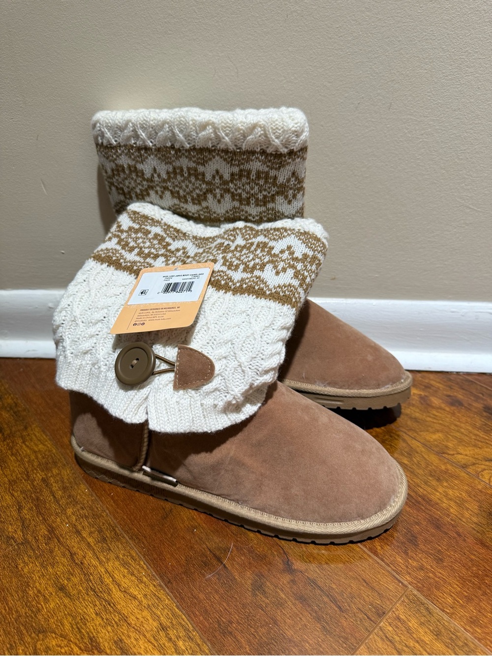 MUK LUKS Janie Boot Womens Size 10 Camel Geo Knit Suede Ankle Boots NWT New